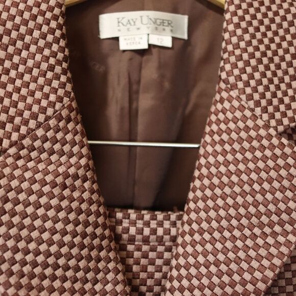 Kay Unger Brown Checkered Skirt Suit & Blazer Jacket Set 12 Vintage Chic - Picture 4 of 15